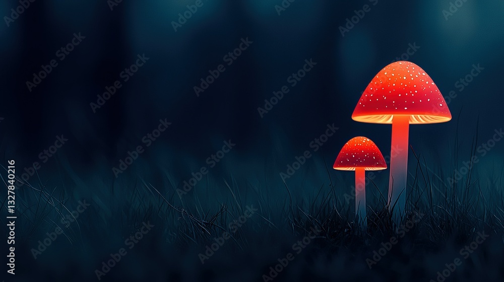 Fototapeta premium Red mushrooms on green field near tall grass forest
