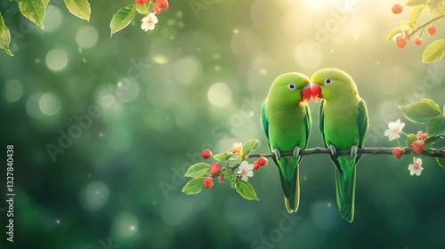   A pair of green birds perched on a tree branch together
