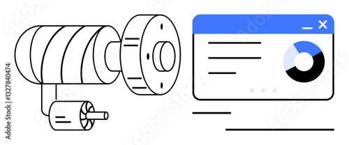 Rotational motor connected with analytic dashboard featuring pie chart and metrics. Ideal for technology, engineering, data analysis, industrial design, automation, energy systems, flat simple