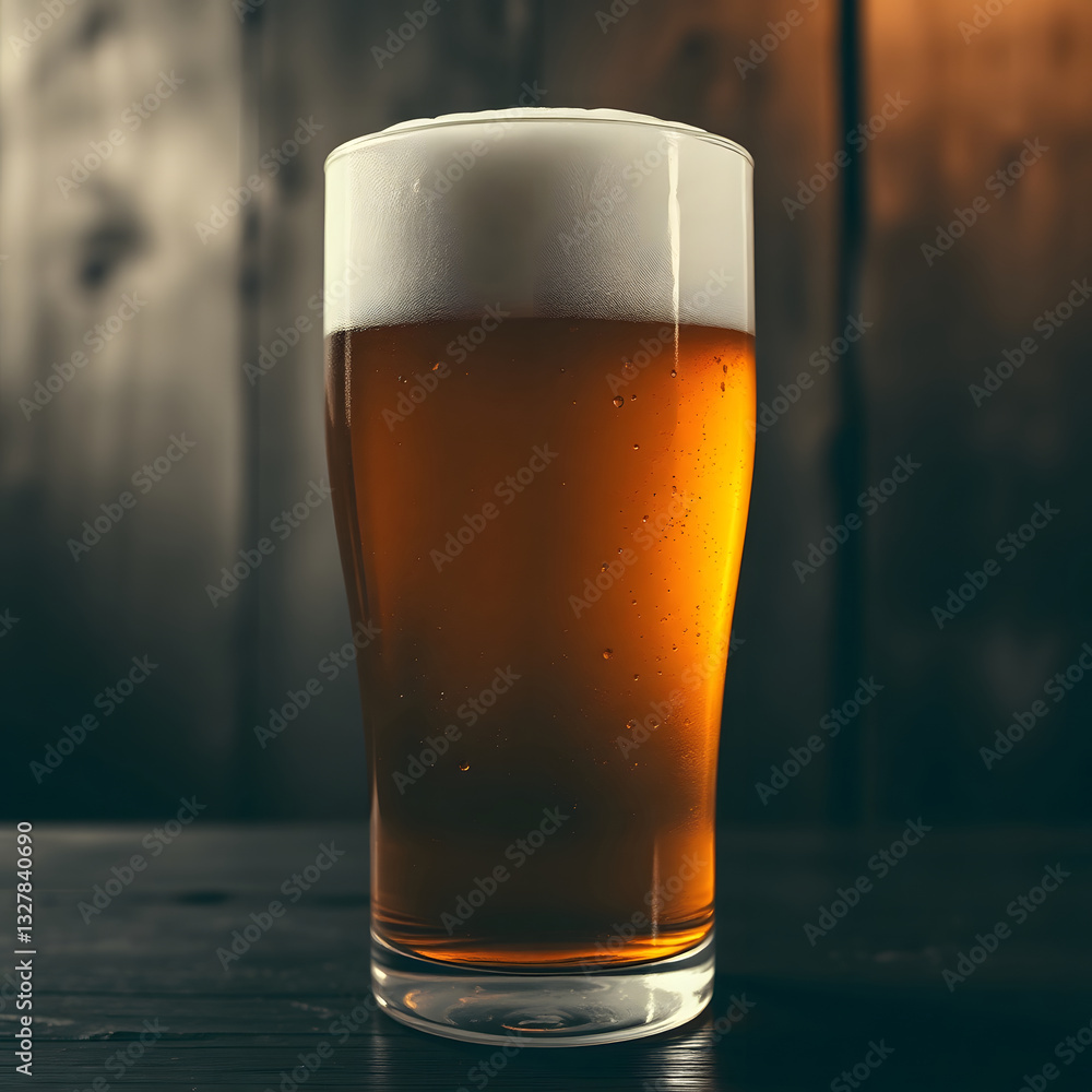 Cold Beer Glass with Golden Foam - Ultra Realistic, Refreshing Lager, Pub Background Cold Beer Glass with Golden Foam - Ultra Realistic, Refreshing Lager, Pub Background