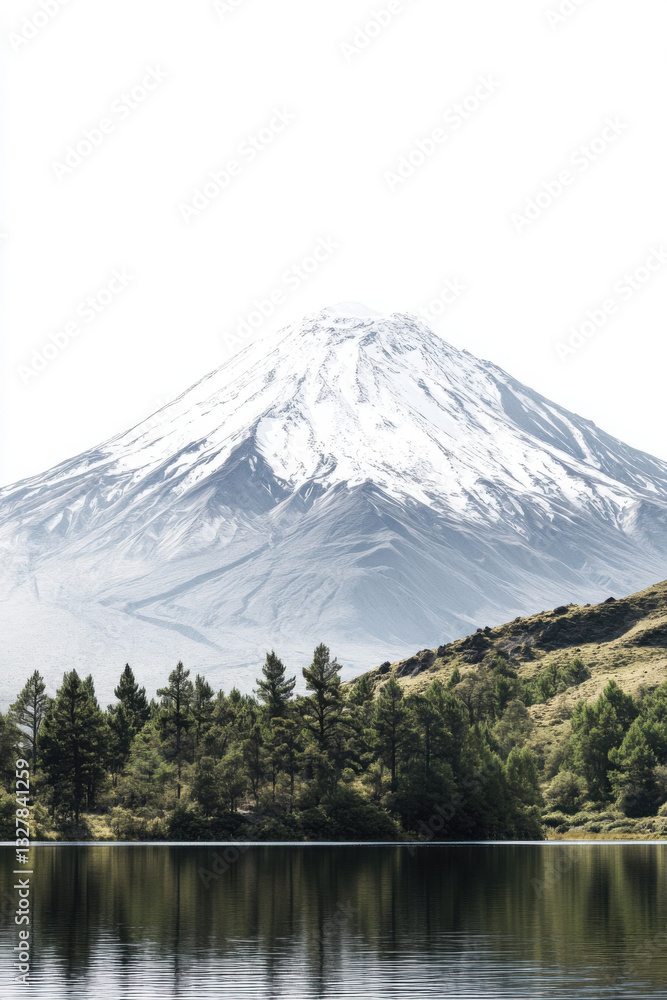 Majestic snow-capped mountain rising above a serene forest and calm lake under a clear sky. Majestic snow-capped mountain rising above a serene forest and calm lake under a clear sky.