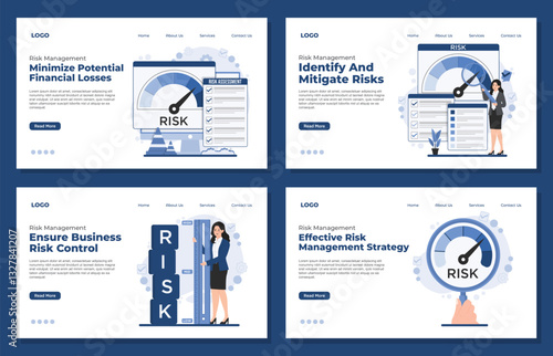 Set of Landing page template Business risk management concept assessment planning strategy policy identify analyze mitigate risk