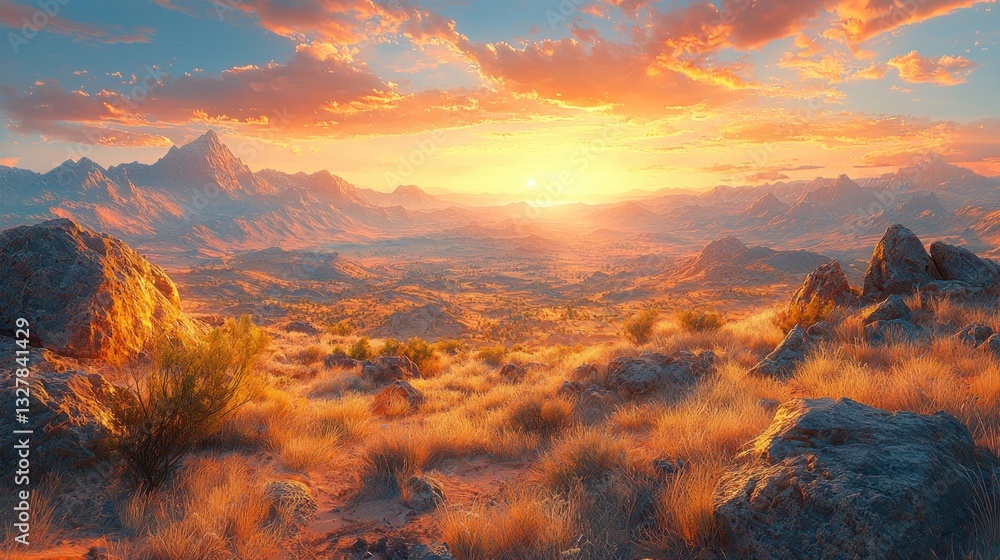 Naklejka premium Vibrant sunset over vast mountain range and desert landscape.