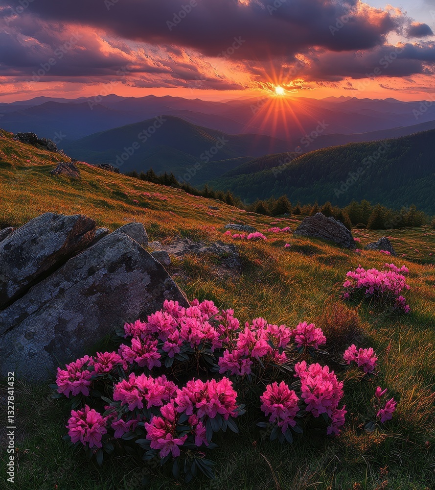 Obraz premium Breathtaking Sunset Over Mountain Valley with Vibrant Pink Flowers and Rolling Hills Under Dramatic Skies