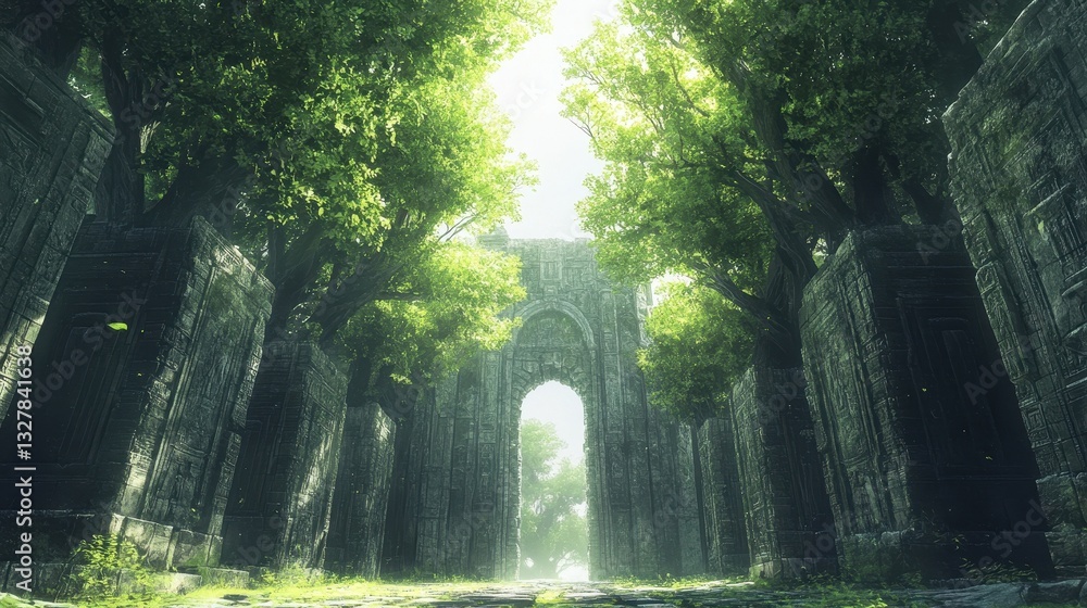 An ancient stone archway framed by tall trees and green foliage An ancient stone archway framed by tall trees and green foliage