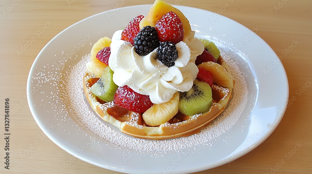 A white plate holds a waffle capped with whipped cream, adorned with fruit and more whipped cream A white plate holds a waffle capped with whipped cream, adorned with fruit and more whipped cream