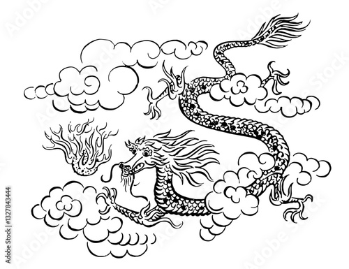 Dragon in Japanese Art Style, Vector Illustration in Timeless Vintage Style