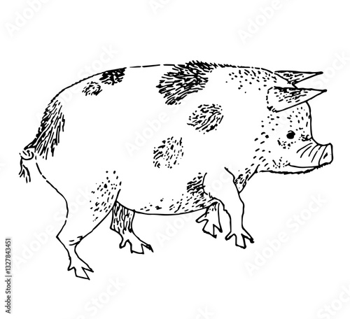 Fat Happy Farm Pig, Vector Illustration in Timeless Style