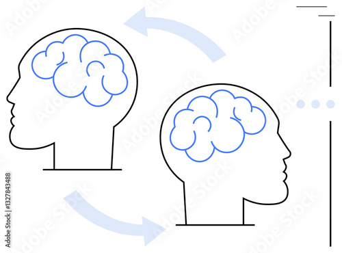 Two outlined human head profiles with brain sketches connected by arrows indicating communication, idea exchange, or learning. Ideal for teamwork, collaboration, education, innovation, communication