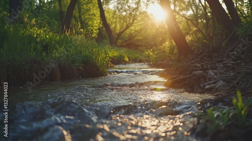 Obraz na płótnie Serene River Flowing Through Lush Forest at Sunset w salonie