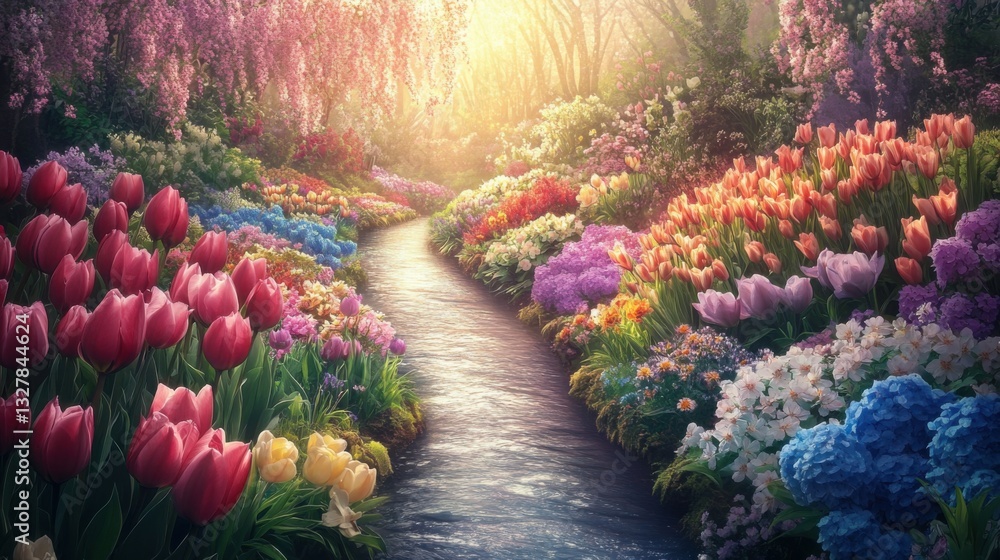 Serene River Surrounded by Colorful Spring Flowers