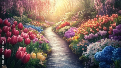 Obraz na płótnie Serene River Surrounded by Colorful Spring Flowers w salonie