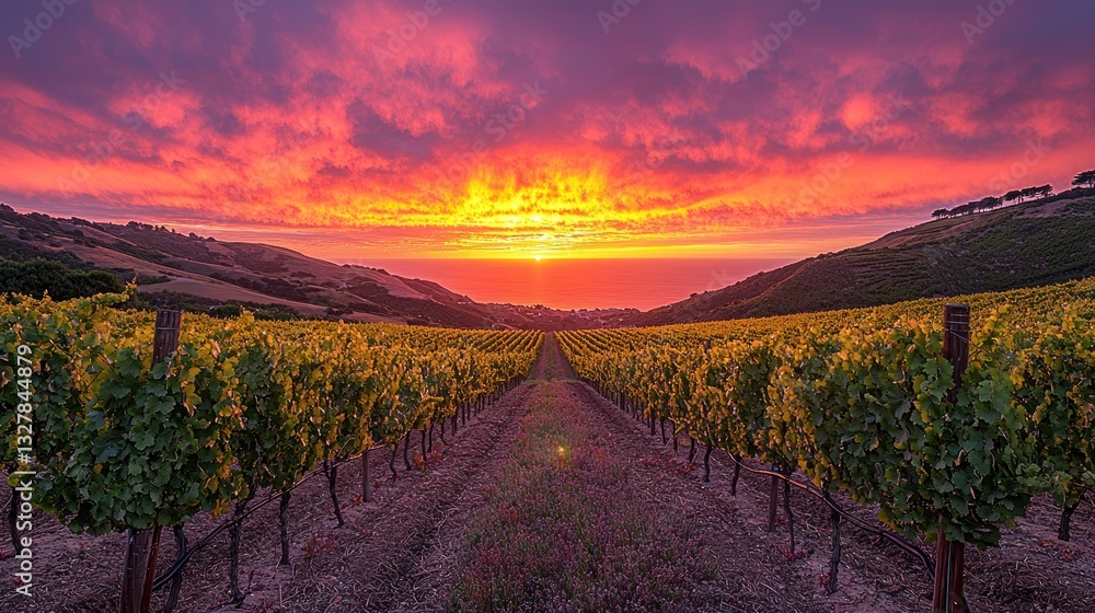 Fototapeta premium Vibrant sunset over a vineyard.