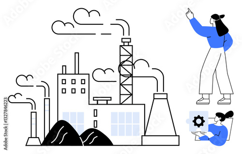 Industrial plant with chimneys emitting smoke, machinery, and two professionals discussing operations. Ideal for manufacturing, industry, teamwork, innovation, pollution engineering strategy. Flat