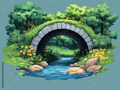 Scenic Illustration Featuring a Stone Bridge Over a Flowing Stream in a Lush Forest Setting Abundant with Greenery and Vibrant Wildflowers