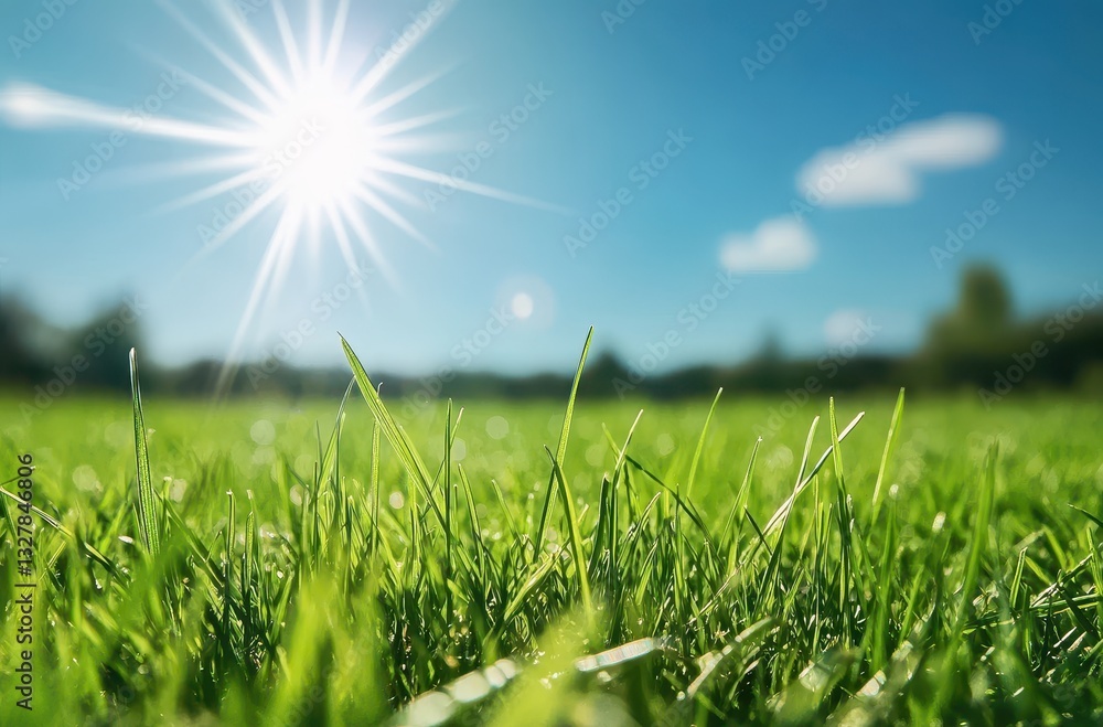 Obraz premium Bright Sun Over Lush Green Grass Field on a Clear Day with Blue Sky and Fluffy Clouds Enhancing the Tranquil Nature Outlook in the Outdoors