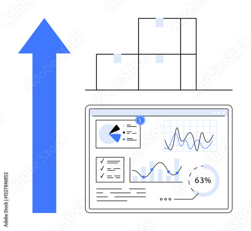 Upward arrow beside stacked boxes and analytics dashboard with charts and graphs representing progress. Ideal for growth, analytics, business success, logistics, strategy, efficiency, productivity