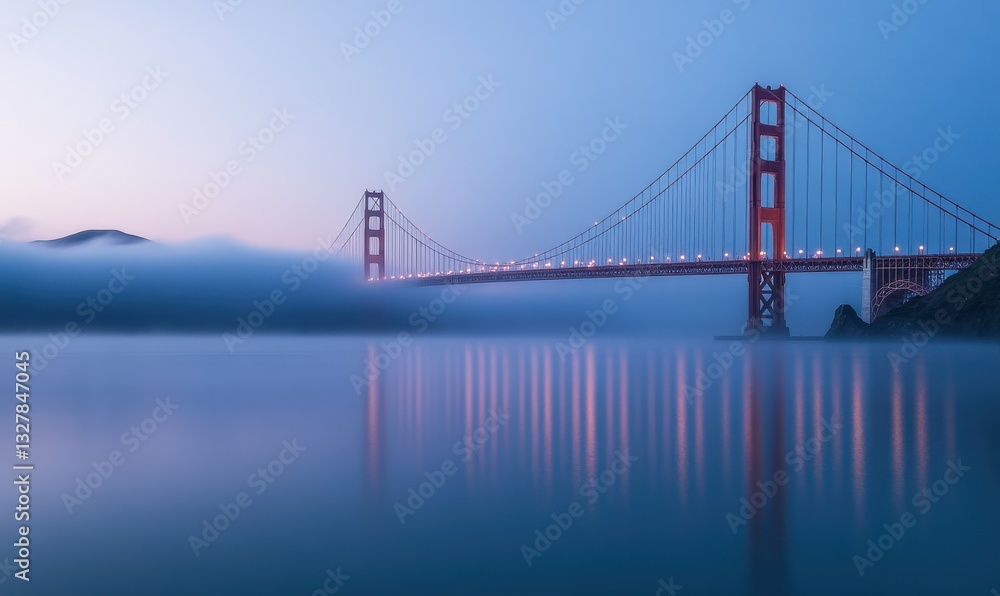 Fototapeta premium Fog envelops a bridge standing tall over calm waters