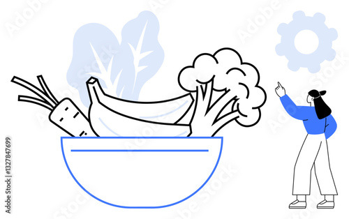 Woman gesturing near bowl filled with banana, broccoli, carrot, and leafy greens. Ideal for nutrition, wellness, healthy living, plant-based diets cooking sustainability education. Flat simple