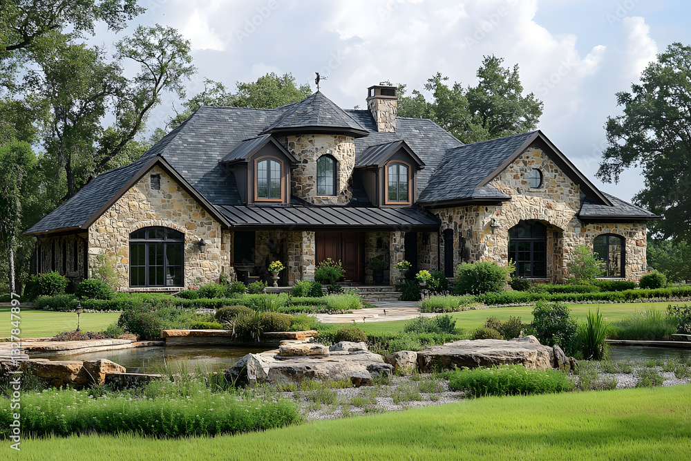 Elegant stone house surrounded by lush greenery and a serene pond under a bright sky Elegant stone house surrounded by lush greenery and a serene pond under a bright sky