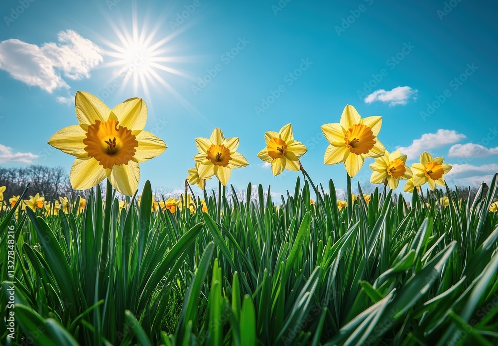 Bright Yellow Daffodils Blooming Under Clear Blue Sky with Sun Rays and Fluffy White Clouds in Springtime Landscape Bright Yellow Daffodils Blooming Under Clear Blue Sky with Sun Rays and Fluffy White Clouds in Springtime Landscape