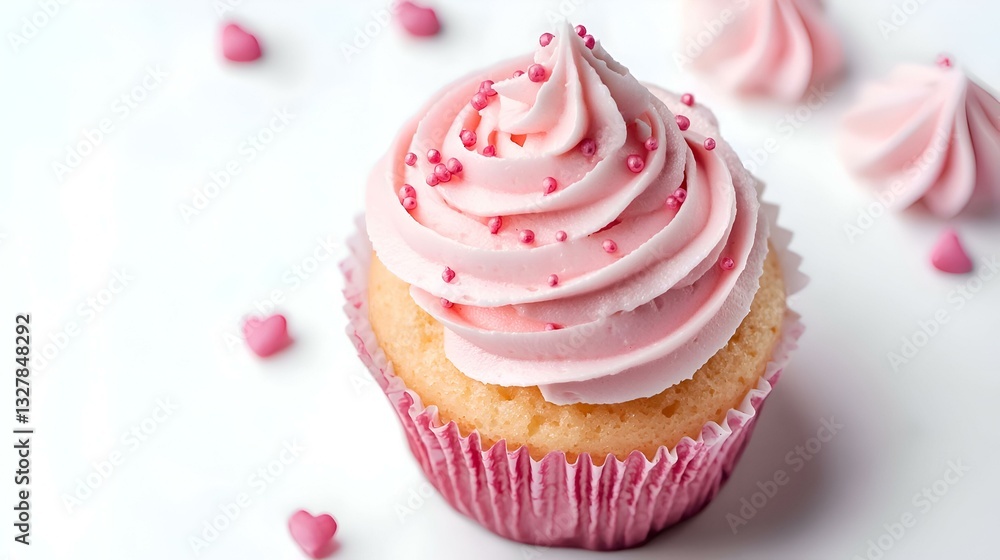 Pink Cupcake with Swirl Frosting and Sprinkles Isolated on White Background Pink Cupcake with Swirl Frosting and Sprinkles Isolated on White Background