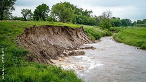 Eroded Riverbank Shows Earth Layers Surrounded By Green Vegetation And Water