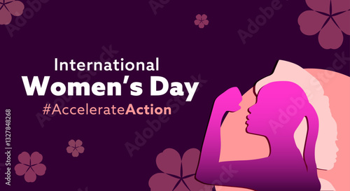 International Women's Day. Background design with abstract frame and woman silhouette, floral element for celebration, campaigns, advertisement for acceleration action on March 8