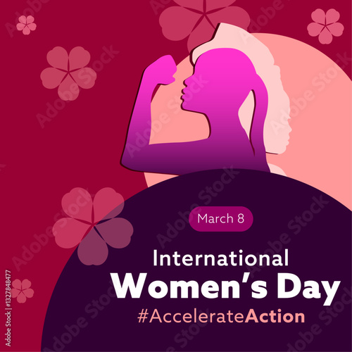 International Women's Day. Social Media design with abstract frame and woman silhouette, floral element for celebration, campaigns, advertisement for acceleration action on March 8