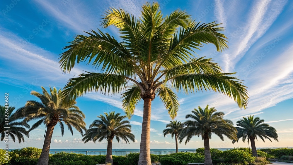 An idyllic view showcasing palm trees by the serene coast. An idyllic view showcasing palm trees by the serene coast.
