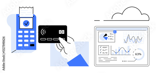 Hand holding a card near payment terminal with receipt, connected to a screen displaying cloud-based analytics. Ideal for finance, technology, digital payments, business insights, cloud computing