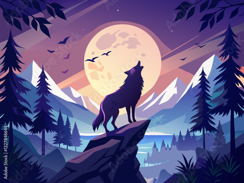 vector of  A majestic wolf howling against a full moon amidst silhouetted trees and flying birds, capturing the essence of wilderness.