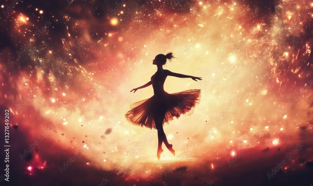 Dancer performing under a cosmic aurora, glowing dust swirling around, surreal dreamlike environment, soft twilight colors, magical motion Dancer performing under a cosmic aurora, glowing dust swirling around, surreal dreamlike environment, soft twilight colors, magical motion