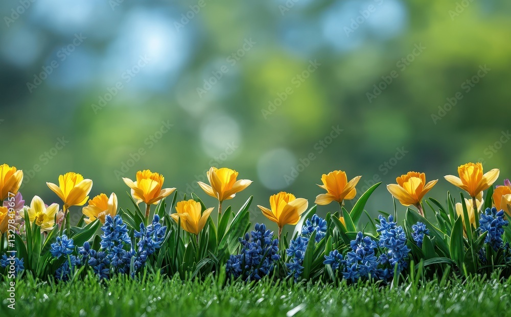 Fototapeta premium Bright Yellow Tulips and Vibrant Blue Flowers in a Lush Green Meadow with Soft Focus Background
