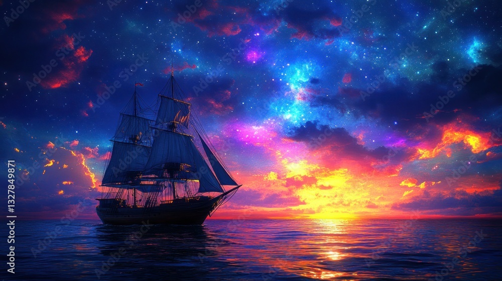Obraz premium Starry ship at sunset