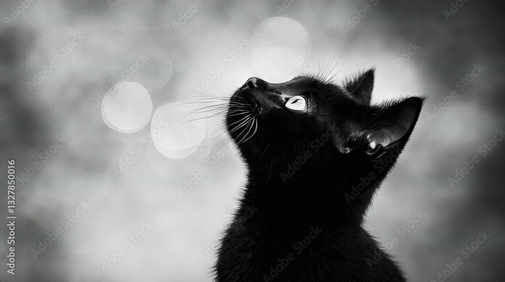 Obraz premium A black-and-white photograph depicts a feline gazing upward at the sky while a hazy boke of distant lights is captured in the background
