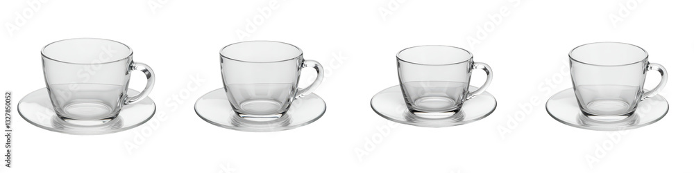 Set of Empty Glass Teacup and Saucer on White Set of Empty Glass Teacup and Saucer on White