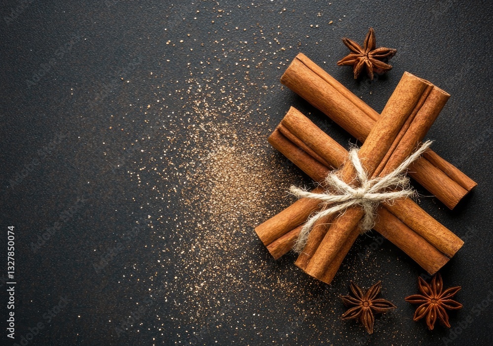Aromatic Cinnamon Sticks with Star Anise on Dark Background Aromatic Cinnamon Sticks with Star Anise on Dark Background