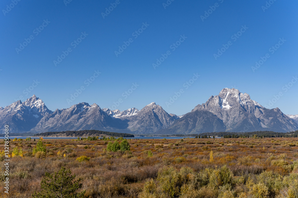 Fototapeta premium Mount Moran / Teton Range. Willow Flats, Moran, Wyoming. Grand Teton National Park. vein (or dike) of black diabase 