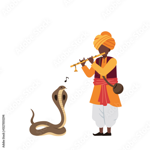 Snake charmer playing flute with cobra in flat vector art style