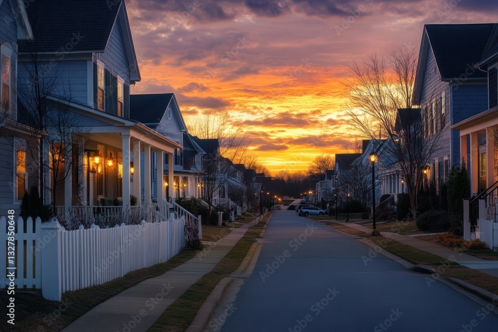 Obraz premium Sunset Over a Serene Residential Neighborhood with Cozy Homes and Warm Streetlights