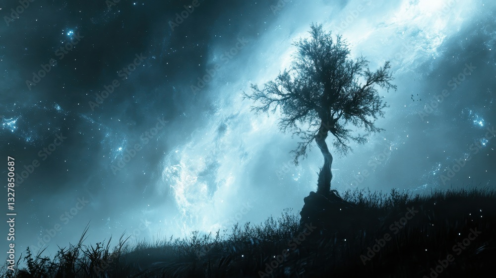 Fototapeta premium A solitary tree stands before an ethereal cosmic sky backdrop