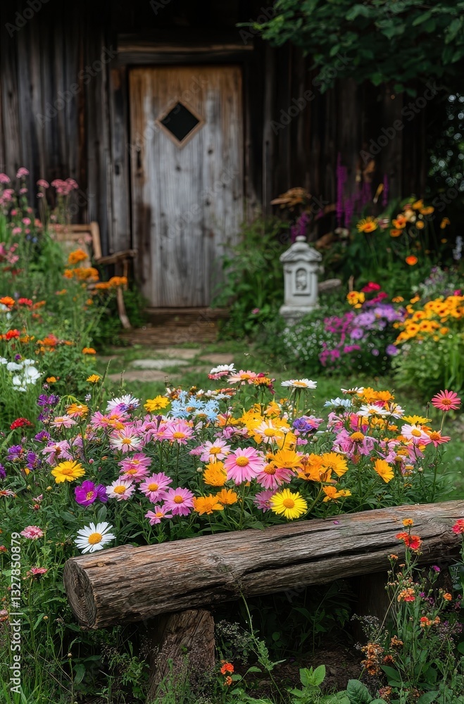 Fototapeta premium Charming Rustic Garden with Colorful Flowers Near a Wooden Door and Bench Surrounded by Lush Greenery and Vibrant Blooms in Full Sunlight