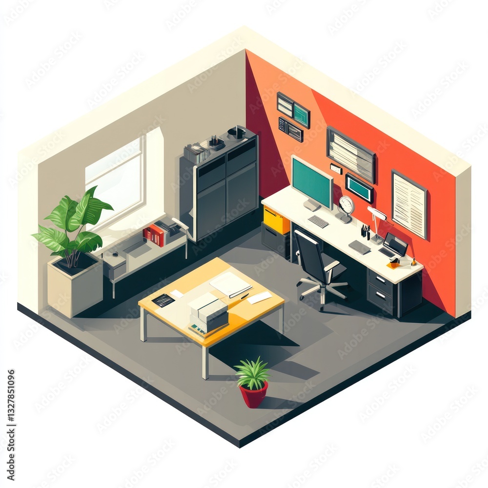Isometric office interior design. Small, detailed workspace with multiple desks, computer equipment, and window Isometric office interior design. Small, detailed workspace with multiple desks, computer equipment, and window