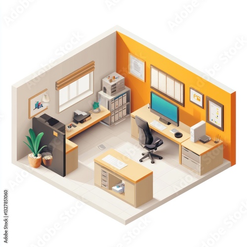 Small office isometric view, modern workspace