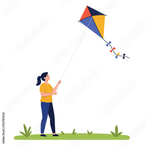 Woman flying a colorful kite in a flat and cheerful vector illustration