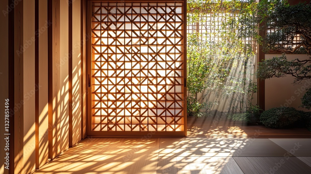 A traditional Japanese wooden door with a diagonal lattice shoji screen