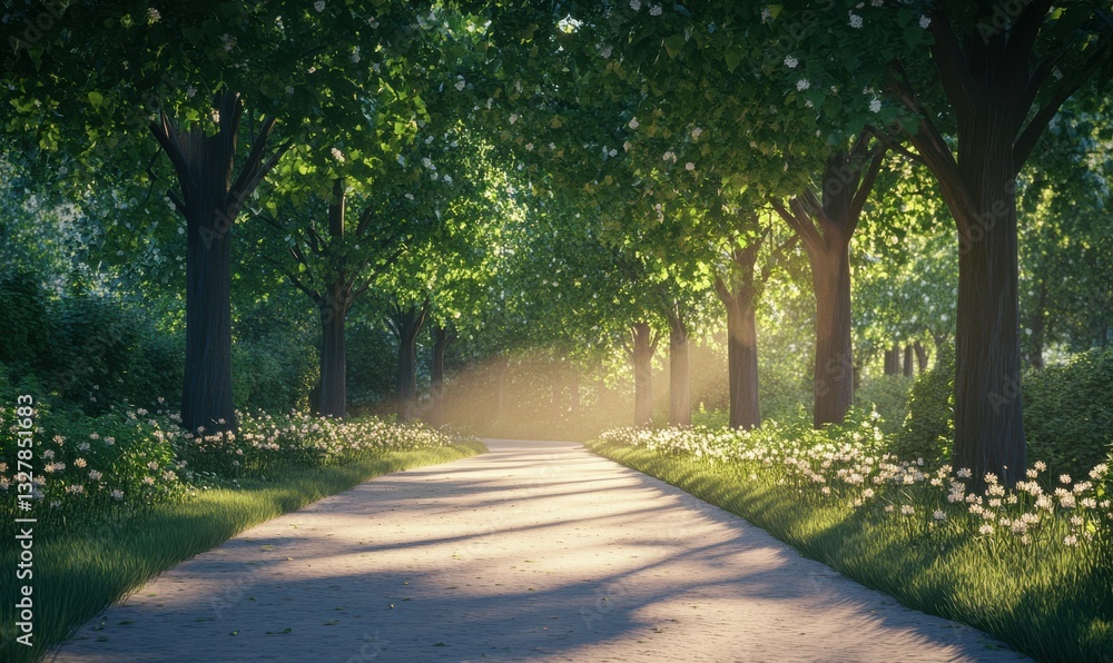 A serene tree-lined path illuminated by soft sunlight. A serene tree-lined path illuminated by soft sunlight.