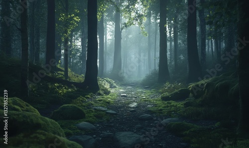 Forest path covered in soft moss and surrounded by towering ancient trees, mysterious light filtering through the dense canopy,