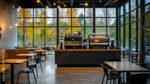 A modern coffee shop interior with expansive windows, sleek black furniture, and warm wood accents